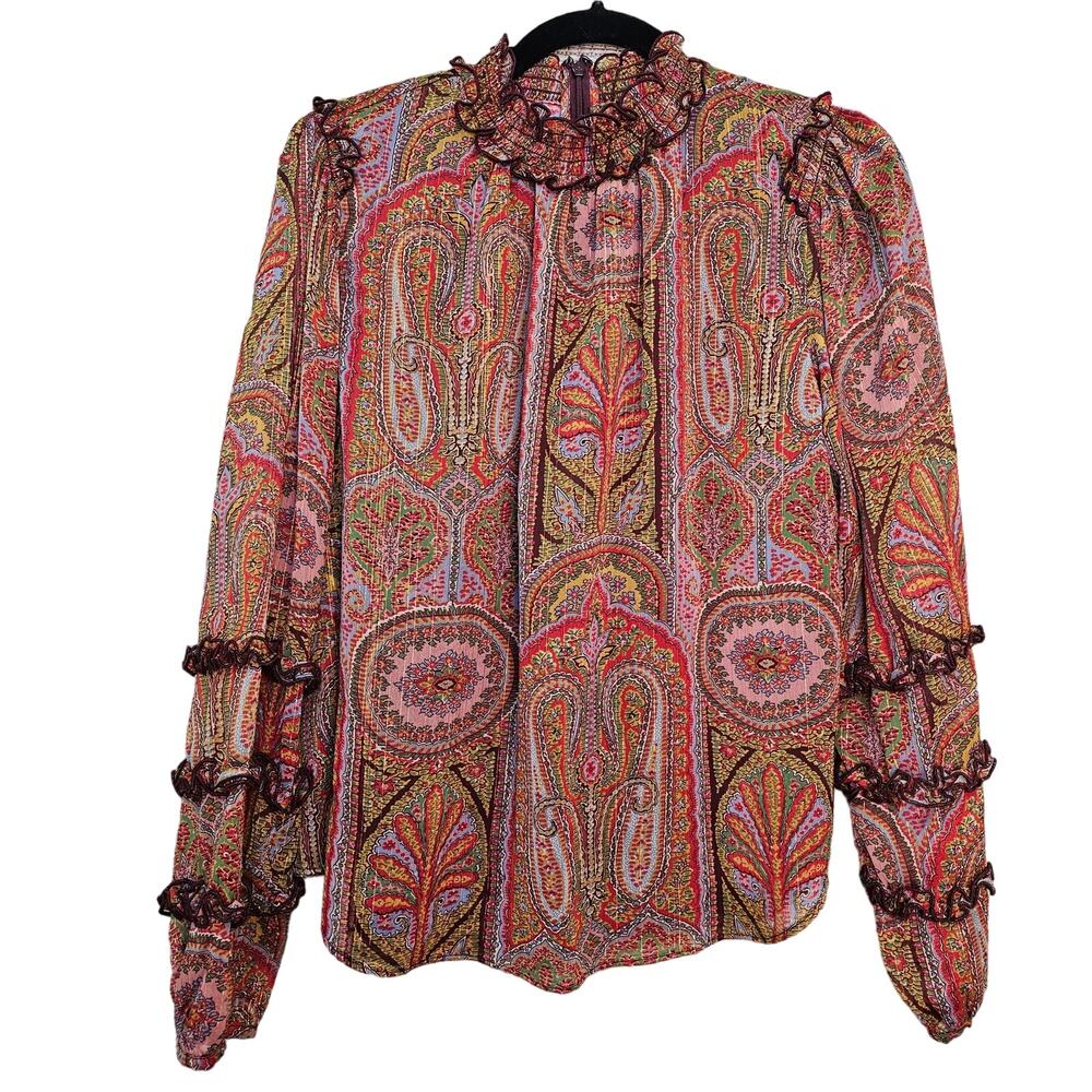 Ann Taylor Sheer Top Womens Small Bohemian Paisley Gold Metallic Long Sleeve NEW